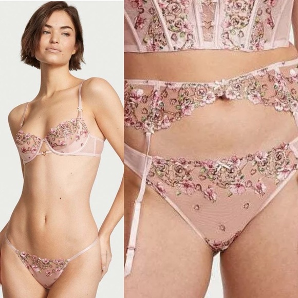 VICTORIAS SECRET Floral Heart Embroidery bra and garter - Picture 1 of 9